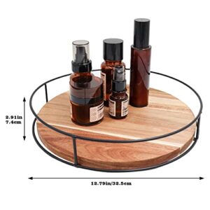 12.8 Inch Acacia Wood Lazy Susan Turntable, Round Lazy Susan Turntable with Black Steel Sides, 360 Degree Organizer Turntable for Kitchen Bathroom Dining Table Countertops Cabinets Coffee