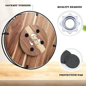 12.8 Inch Acacia Wood Lazy Susan Turntable, Round Lazy Susan Turntable with Black Steel Sides, 360 Degree Organizer Turntable for Kitchen Bathroom Dining Table Countertops Cabinets Coffee