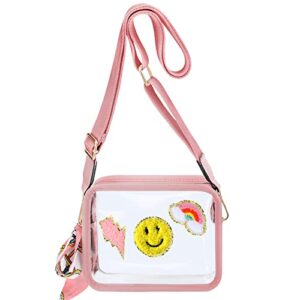 chenille patch preppy pvc clear crossbody bag stadium approved small transparent preppy makeup bag waterproof clear purse square zipper clear pouch for women girls beach travel (pink)