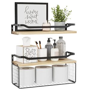 wopitues floating shelves with wire storage basket, bathroom shelves over toilet with protective metal guardrail, wood wall shelves for bathroom, bedroom, living room, toilet paper- light brown