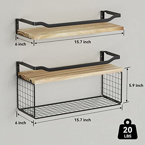 WOPITUES Floating Shelves with Wire Storage Basket, Bathroom Shelves Over Toilet with Protective Metal Guardrail, Wood Wall Shelves for Bathroom, Bedroom, Living Room, Toilet Paper- Light Brown