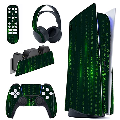 PlayVital Skin Decal for ps5 Console Disc Edition, Full Set Sticker Wrap Vinyl Decal Cover for ps5 Controller & Charging Station & Headset & Media Remote - Messy Code