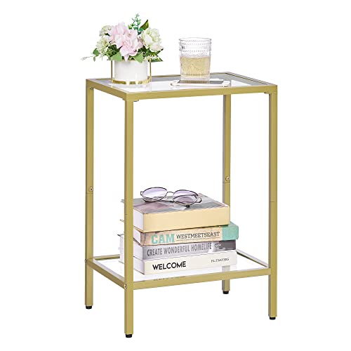 HOMSHO 2-Tier Side Table, End Tables with Tempered Glass, Nightstands with Storage Shelves, Slim Sofa Table for Living Room, Bedroom (1, Golden)