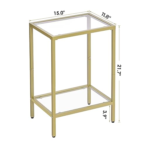 HOMSHO 2-Tier Side Table, End Tables with Tempered Glass, Nightstands with Storage Shelves, Slim Sofa Table for Living Room, Bedroom (1, Golden)