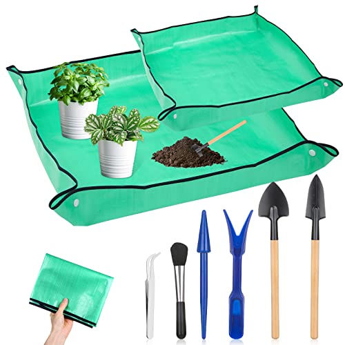 Plant Repotting Mat for Garden, 2 Pcs Waterproof Potting Mat Foldable Indoor Plant Mat Portable Square Gardening Mat Potting Tray with 6 Pcs Mini Garden Tools Set for Plant Lovers Gardening Gifts