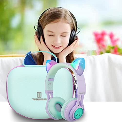 Tourmate Hard Travel Case for Riwbox CT-7 / CT-7S Cat Ear LED Light Kids Wireless Headphones, Protective Carrying Storage Bag (Purple&Green)