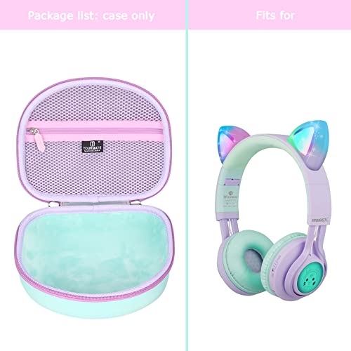 Tourmate Hard Travel Case for Riwbox CT-7 / CT-7S Cat Ear LED Light Kids Wireless Headphones, Protective Carrying Storage Bag (Purple&Green)