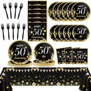 24 guests 50th wedding anniversary party supplies, gold black tablecloth plates napkins forks set for 50th wedding anniversary party, disposable tableware decorations party decorations favors