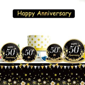 24 Guests 50th Wedding Anniversary Party Supplies, Gold Black Tablecloth Plates Napkins Forks Set for 50th Wedding Anniversary Party, Disposable Tableware Decorations Party Decorations Favors
