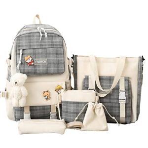 samahboe kawaii backpack set 5 pcs school backpack cute aesthetic backpack set aesthetic school bags cute bookbag with badge& plush pendan,shoulder bag,pencil box,tote bag,small bag