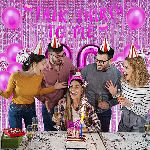 30th Birthday Decorations for Women, Hot Pink 30 Birthday Decorations for Her, Talk Thirty to Me Banner,Crown, Sash, Cake Topper and Number Balloon, 30th Birthday Party Supplies for Women