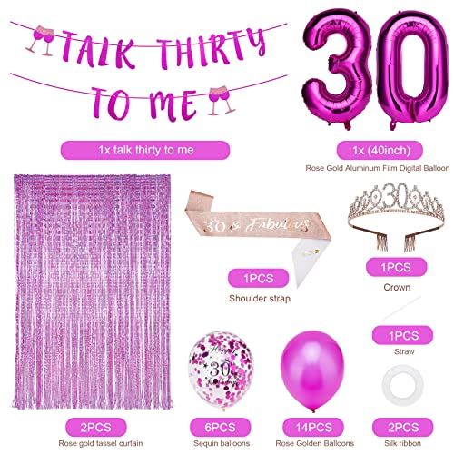 30th Birthday Decorations for Women, Hot Pink 30 Birthday Decorations for Her, Talk Thirty to Me Banner,Crown, Sash, Cake Topper and Number Balloon, 30th Birthday Party Supplies for Women