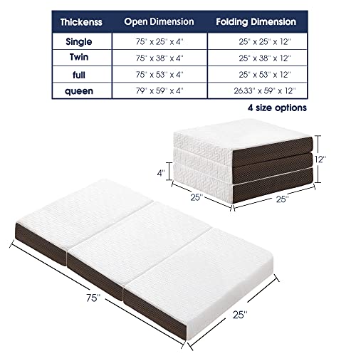 bedluxury 4 Inch Tri Folding Mattress Single Bed with Storage Bag, Foldable Memory Foam Topper Portable Floor Guest Bed with Removable Bamboo Cover, Breathable Washable