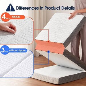 bedluxury 4 Inch Tri Folding Mattress Single Bed with Storage Bag, Foldable Memory Foam Topper Portable Floor Guest Bed with Removable Bamboo Cover, Breathable Washable