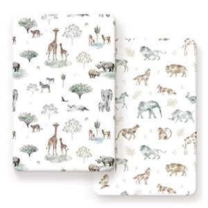 stretchy ultra soft jersey knit fitted pack n play sheets set 2 pack, portable/mini crib sheets for boys and girls, stylish playard sheets fitted safe and snug, african savannah animals pattern