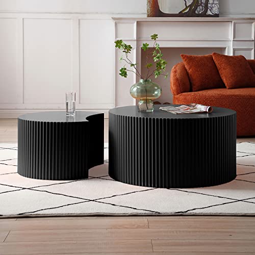 kevinplus Black Modern Nesting Coffee Table Set of 2 Round Side Table End Table for Living Room, Wood Circle Drum Coffee Table Contemporary Living Room End Table, Matte Black