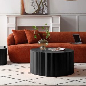 kevinplus Black Modern Nesting Coffee Table Set of 2 Round Side Table End Table for Living Room, Wood Circle Drum Coffee Table Contemporary Living Room End Table, Matte Black