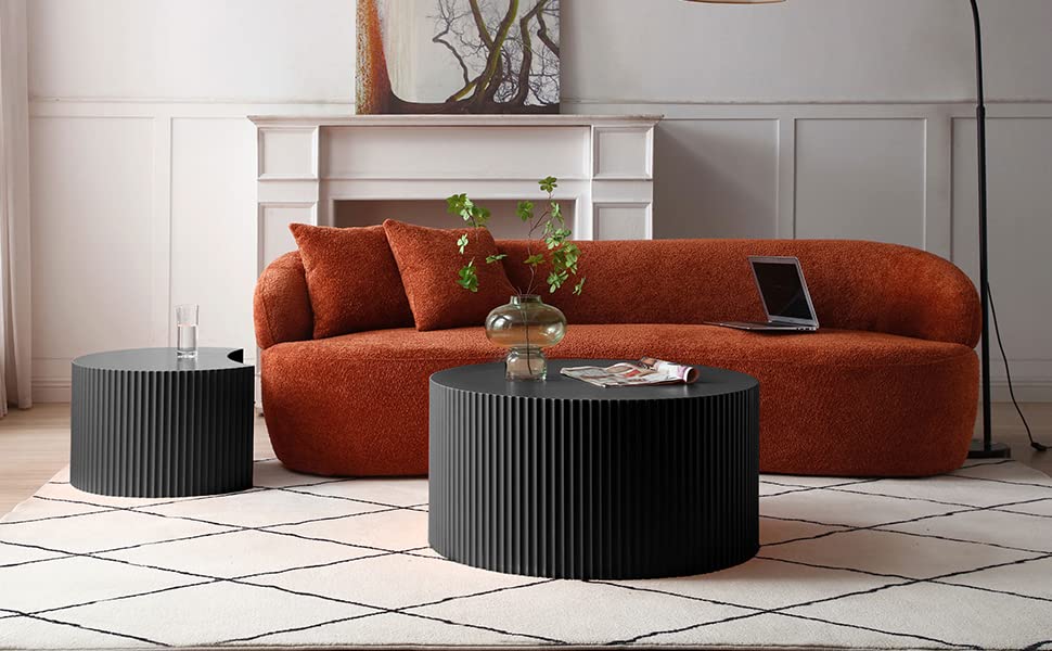 kevinplus Black Modern Nesting Coffee Table Set of 2 Round Side Table End Table for Living Room, Wood Circle Drum Coffee Table Contemporary Living Room End Table, Matte Black