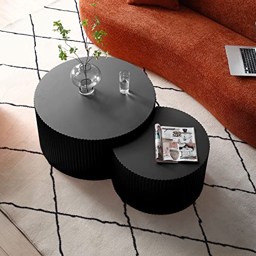 kevinplus Black Modern Nesting Coffee Table Set of 2 Round Side Table End Table for Living Room, Wood Circle Drum Coffee Table Contemporary Living Room End Table, Matte Black