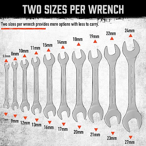 HORUSDY Thin Wrenches Set | Metric | 10-Piece | Including 5.5mm to 27mm | Bike Wrench Set | Thin Open End Wrench Set with Rolling Pouch