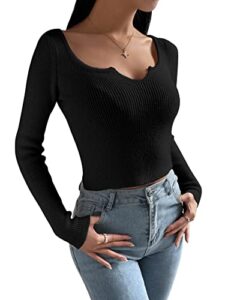 sweatyrocks women's long sleeve notched v neck crop sweater ribbed knit pullover top black large
