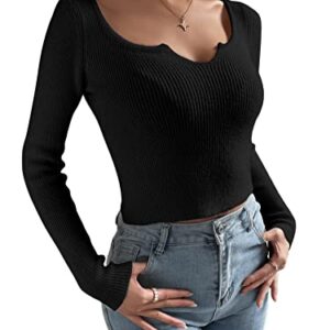 SweatyRocks Women's Long Sleeve Notched V Neck Crop Sweater Ribbed Knit Pullover Top Black Large