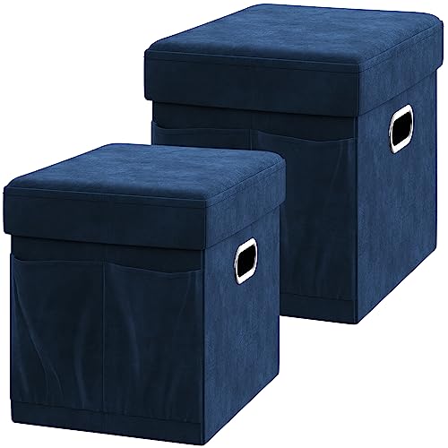 YITAHOME Foldable Storage Ottomans– Velvet Tufted Ottomans with Lid, Multipurpose Organizers for Bedroom, Living Room, Dorm or RV (Set of 2, Blue)