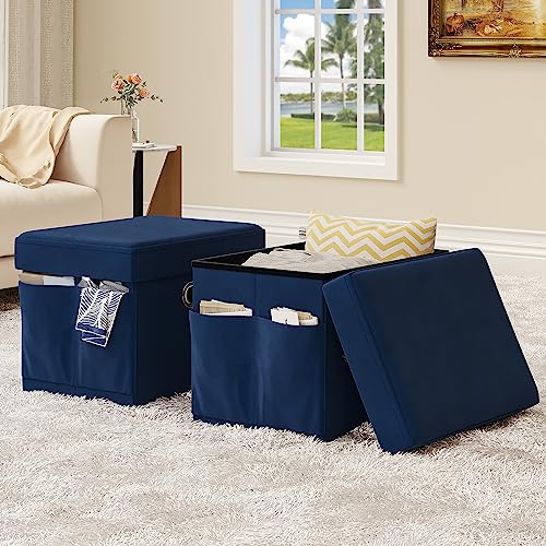 YITAHOME Foldable Storage Ottomans– Velvet Tufted Ottomans with Lid, Multipurpose Organizers for Bedroom, Living Room, Dorm or RV (Set of 2, Blue)