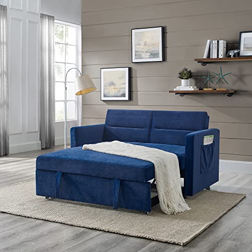 N NAANSI 54.5" Velvet Loveseat Sofa Couch with Pull-Out Bed, Adjustable Backrest and 2 Arm Pockets, Modern Convertible Sleeper Sofa Bed (Blue)