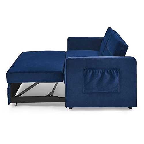 N NAANSI 54.5" Velvet Loveseat Sofa Couch with Pull-Out Bed, Adjustable Backrest and 2 Arm Pockets, Modern Convertible Sleeper Sofa Bed (Blue)