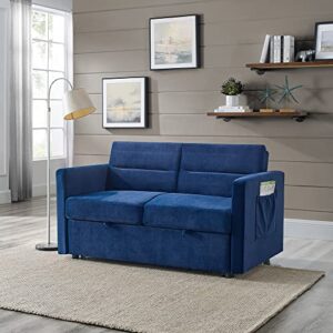 N NAANSI 54.5" Velvet Loveseat Sofa Couch with Pull-Out Bed, Adjustable Backrest and 2 Arm Pockets, Modern Convertible Sleeper Sofa Bed (Blue)