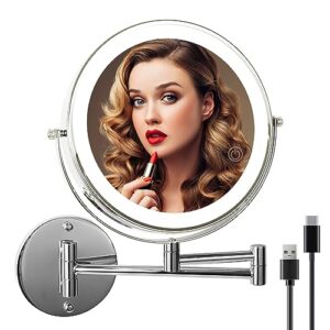 slimoon 8" wall mounted lighted makeup mirror with magnification, 1x/10x magnifying mirror with light, 3 color lights, extendable double sided 360° swivel bathroom mirror type-c rechargeable (silver)