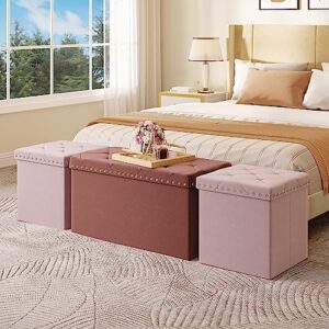 yitahome velvet tufted storage ottoman bench with stylish rivets, for bedroom living room dressing room for multipurpose use (set of 3, pink)