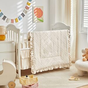tufted ruffle crib bedding set 3 pieces baby boho quilted comforter with fitted sheet and bed skirt - cute ruffled shabby chic baby bedding soft blanket design cream white