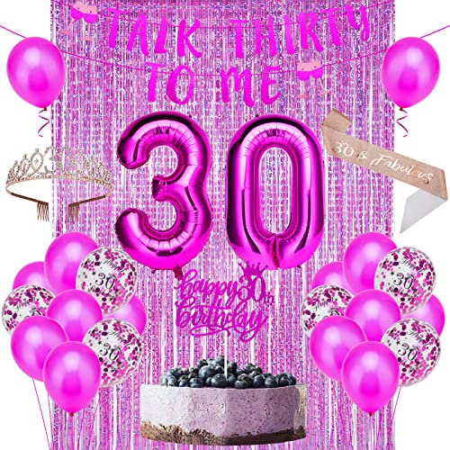 30th Birthday Decorations for Women,30 Birthday Decorations for Her, Hot Pink Talk Thirty to Me Banner,Crown, Sash, Cake Topper and Number Balloon, 30th Birthday Party Decorations Supplies for Women