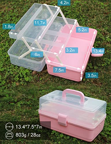 Beoccudo Pink Craft Box Art Box 3 Layers Plastic Portable Storage Box with Handle Nail Sewing Organizer Pink Tool Box Hair Supply Storage