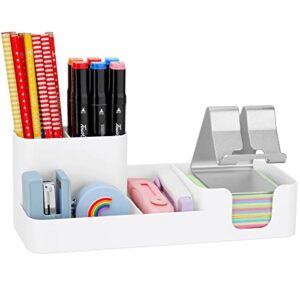 leture pen holder for desk, desktop organizer with mobile phone holder/pencil holders/sticky note tray/paperclip storage and office stationery accessories caddy for office home school (white)