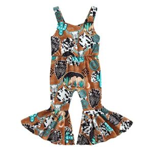 sejardin toddler baby girl bell bottoms romper western cow pattern sleeveless jumpsuit overalls infant girl summer clothes (brown cow, 18-24 months)