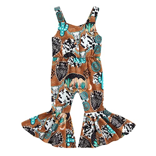 Sejardin Toddler Baby Girl Bell Bottoms Romper Western Cow Pattern Sleeveless Jumpsuit Overalls Infant Girl Summer Clothes (Brown Cow, 18-24 Months)