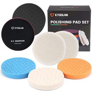 etoolab 7pcs 6.5 inch buffing polishing pad [design for 6 inch] 150mm backing plate compound, 5 sponge pad & 2 wool grip pads buffing sponge pads for car buffer polisher compounding, polishing,waxing
