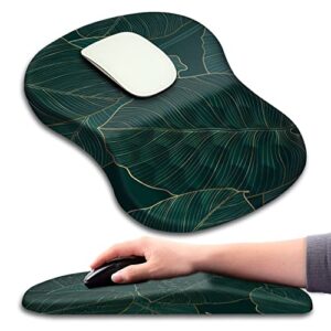 ergonomic mouse pad with wrist rest support,3d massage design mousepad relief carpal tunnel pain, entire memory foam mouse pad with non-slip pu base, wireless mouse pads,green leaves