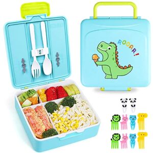 bento lunch box kids children, lunchbox with 4 compartments, spoon, fork and fruit picks, blue food containers for boys, daycare/travel/school, leak-proof, bpa-free, microwave/dishwasher/freezer safe