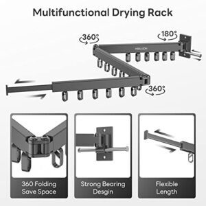 Mbillion Tri Folding Clothes Drying Rack with Extended Arm 48'' Long,Laundry Drying Rack,Wall Mounted Drying Racks for Laundry with Ring Type Hooks Heavy Duty, for Balcony,Laundry,Bathroom, Grey