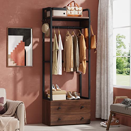 Tribesigns Freestanding Closet Organizer Small Clothes Rack Coat Rack with Drawers and Shelves, Heavy Duty Small Garment Rack Industrial Hall Tree for Hallway, Entryway, Bedroom