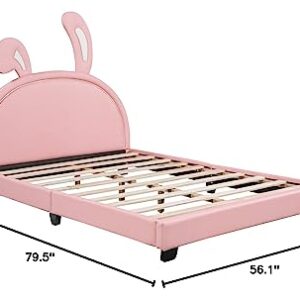 Merax Full Size Upholstered Leather Platform Bed with Bunny Ears Headboard, Platform Bed Frame with Rabbit Ornament for Kids, Child's Bedroom, No Box Spring Needed, Pink