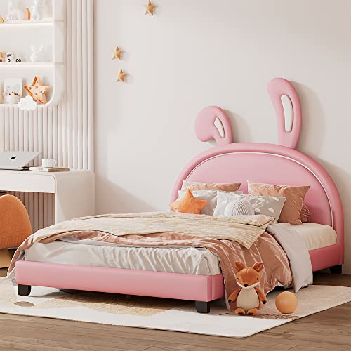 Merax Full Size Upholstered Leather Platform Bed with Bunny Ears Headboard, Platform Bed Frame with Rabbit Ornament for Kids, Child's Bedroom, No Box Spring Needed, Pink