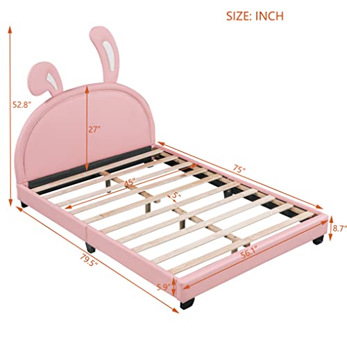 Merax Full Size Upholstered Leather Platform Bed with Bunny Ears Headboard, Platform Bed Frame with Rabbit Ornament for Kids, Child's Bedroom, No Box Spring Needed, Pink