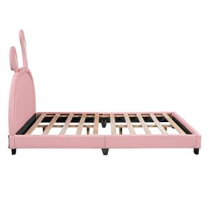 Merax Full Size Upholstered Leather Platform Bed with Bunny Ears Headboard, Platform Bed Frame with Rabbit Ornament for Kids, Child's Bedroom, No Box Spring Needed, Pink