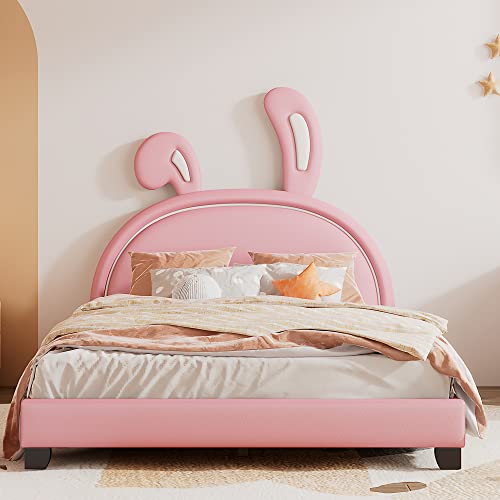 Merax Full Size Upholstered Leather Platform Bed with Bunny Ears Headboard, Platform Bed Frame with Rabbit Ornament for Kids, Child's Bedroom, No Box Spring Needed, Pink