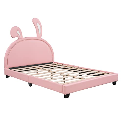 Merax Full Size Upholstered Leather Platform Bed with Bunny Ears Headboard, Platform Bed Frame with Rabbit Ornament for Kids, Child's Bedroom, No Box Spring Needed, Pink